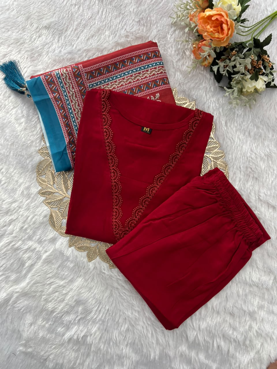 Regal Party Wear Cotton Embroidery Work Fancy  Straight Kurta With Trouser n Dupatta Set