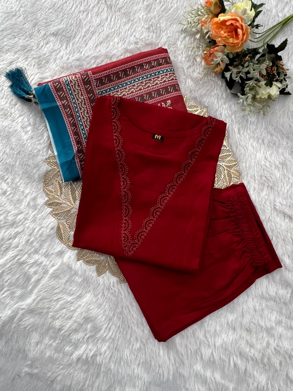 Regal Party Wear Cotton Embroidery Work Fancy  Straight Kurta With Trouser n Dupatta Set