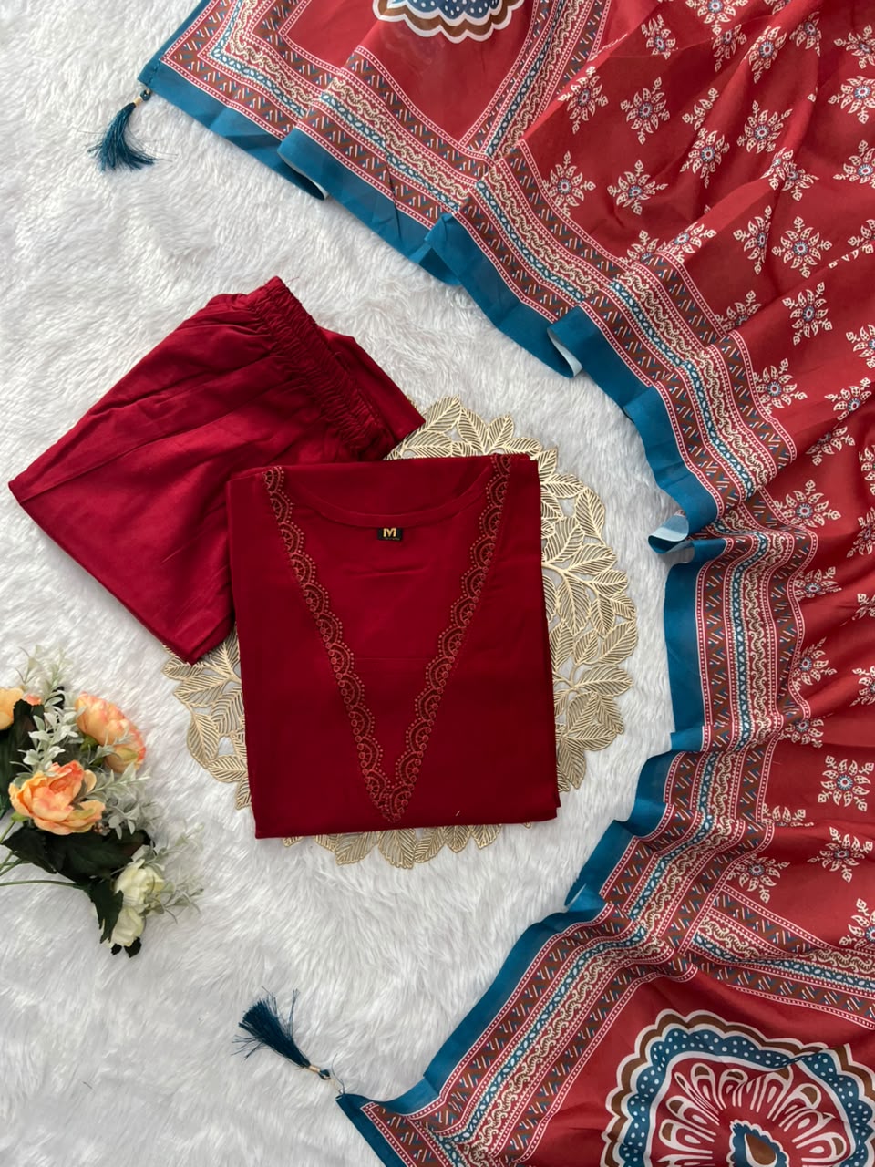 Regal Party Wear Cotton Embroidery Work Fancy  Straight Kurta With Trouser n Dupatta Set