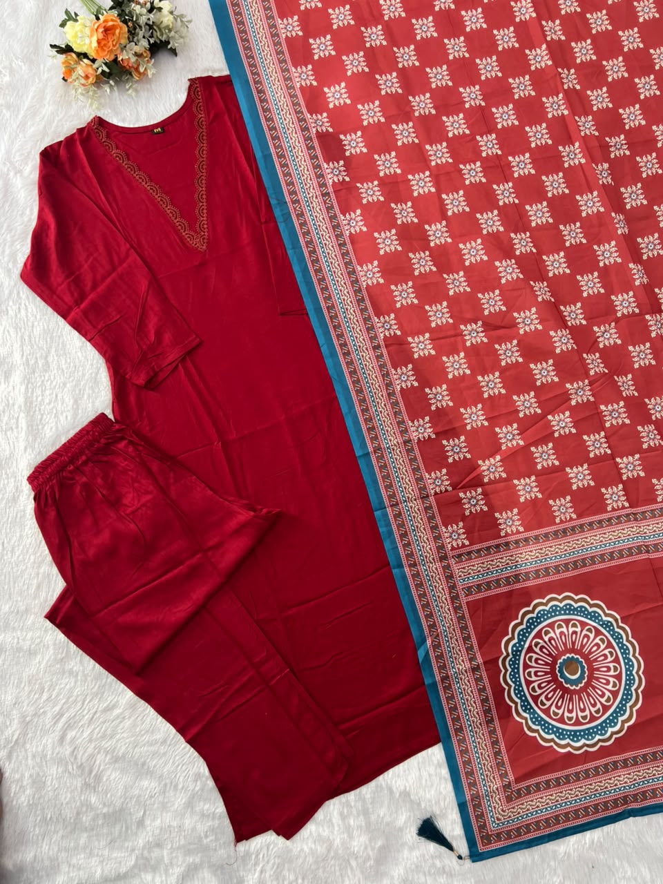 Regal Party Wear Cotton Embroidery Work Fancy  Straight Kurta With Trouser n Dupatta Set