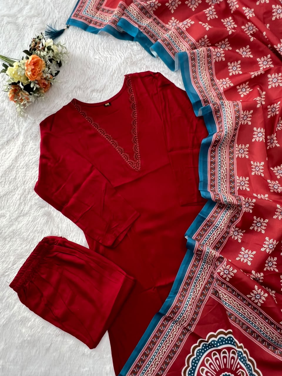 Regal Party Wear Cotton Embroidery Work Fancy  Straight Kurta With Trouser n Dupatta Set