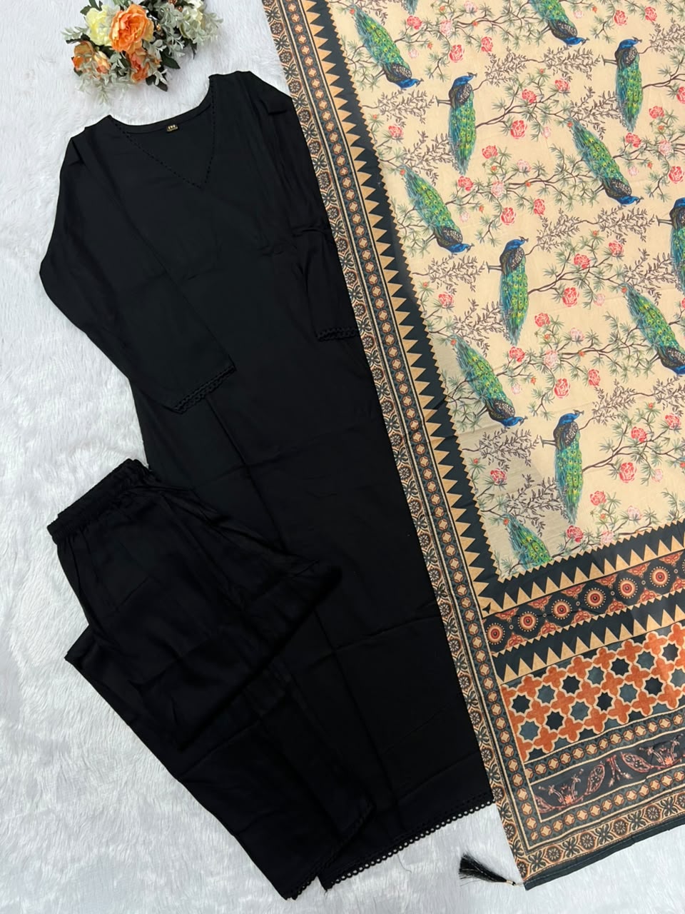 Regal Party Wear Cotton Embroidery Work Fancy  Straight Kurta With Trouser n Dupatta Set