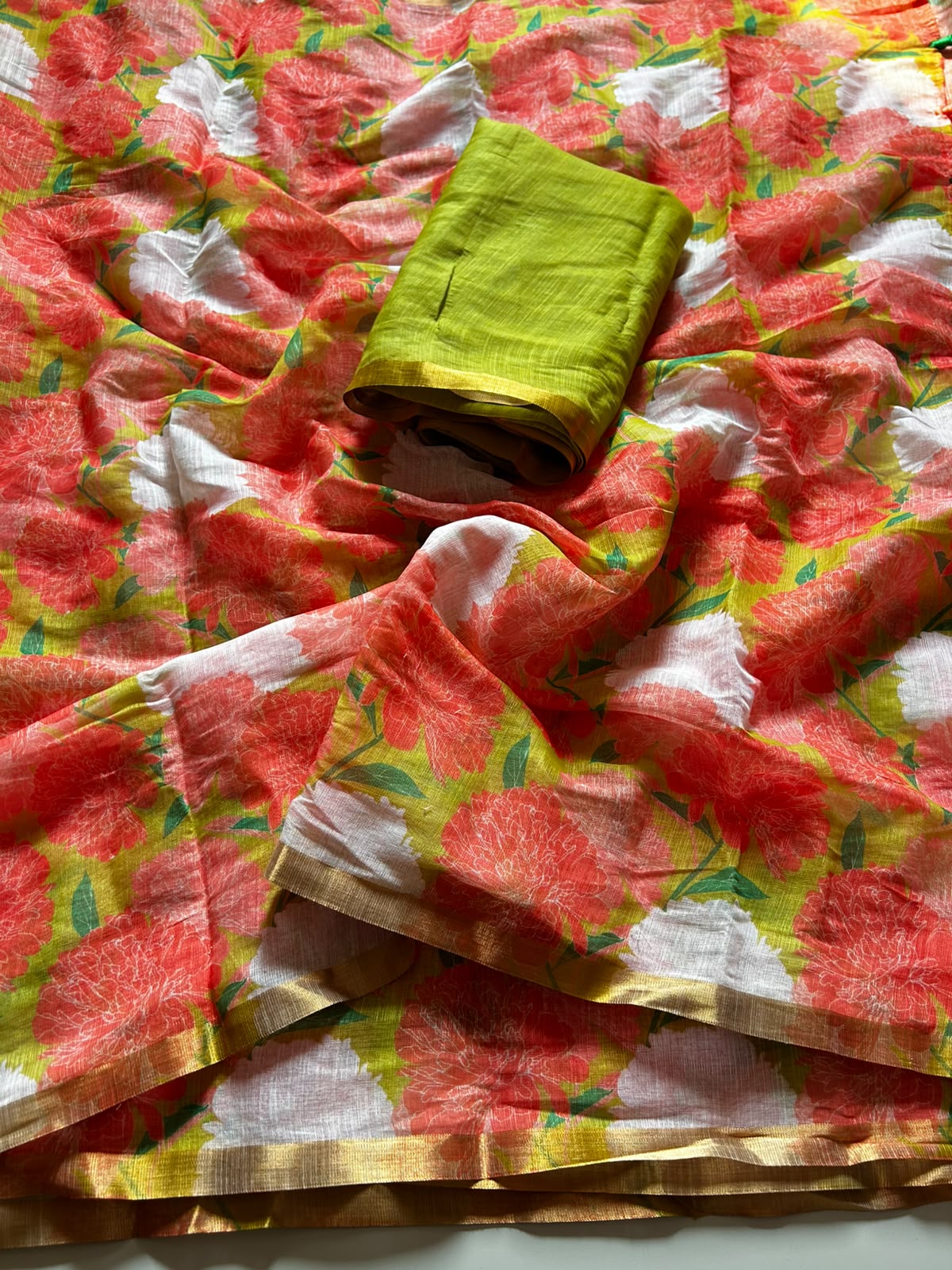 Dazzling Function Wear Linen Cotton Print Design Zari Border Fancy Saree With Contrast Blouse Piece