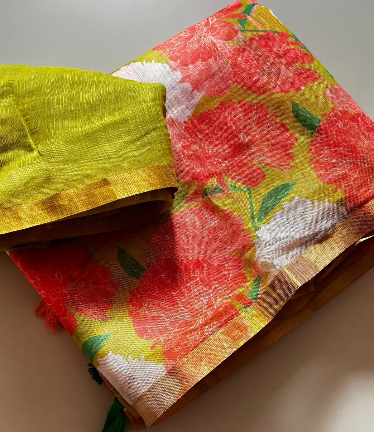 Dazzling Function Wear Linen Cotton Print Design Zari Border Fancy Saree With Contrast Blouse Piece