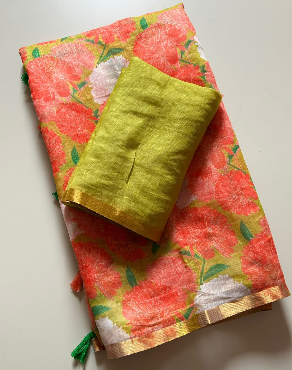 Dazzling Function Wear Linen Cotton Print Design Zari Border Fancy Saree With Contrast Blouse Piece