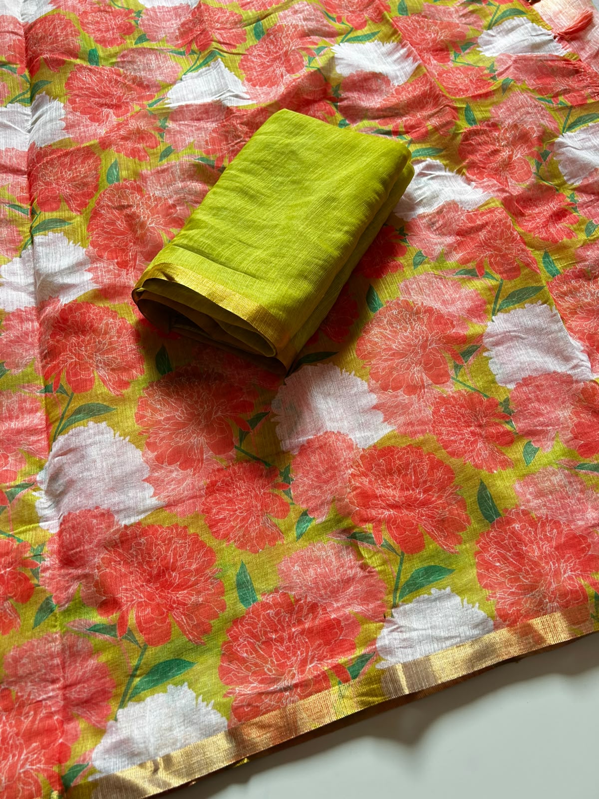 Dazzling Function Wear Linen Cotton Print Design Zari Border Fancy Saree With Contrast Blouse Piece
