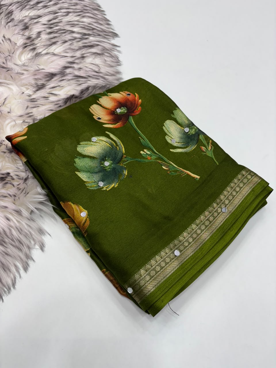 Gratifying Function Wear Soft Georgette Print Design Rich Pallu n Mirror Work Fancy Saree With Blouse Piece