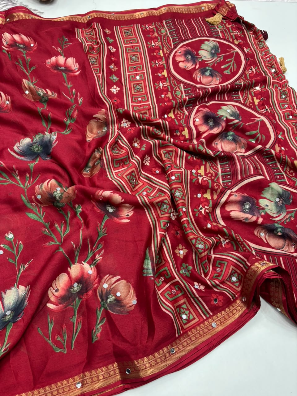 Gratifying Function Wear Soft Georgette Print Design Rich Pallu n Mirror Work Fancy Saree With Blouse Piece