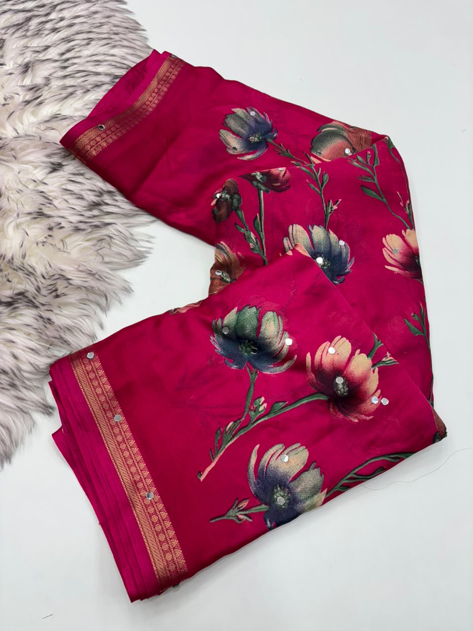 Gratifying Function Wear Soft Georgette Print Design Rich Pallu n Mirror Work Fancy Saree With Blouse Piece