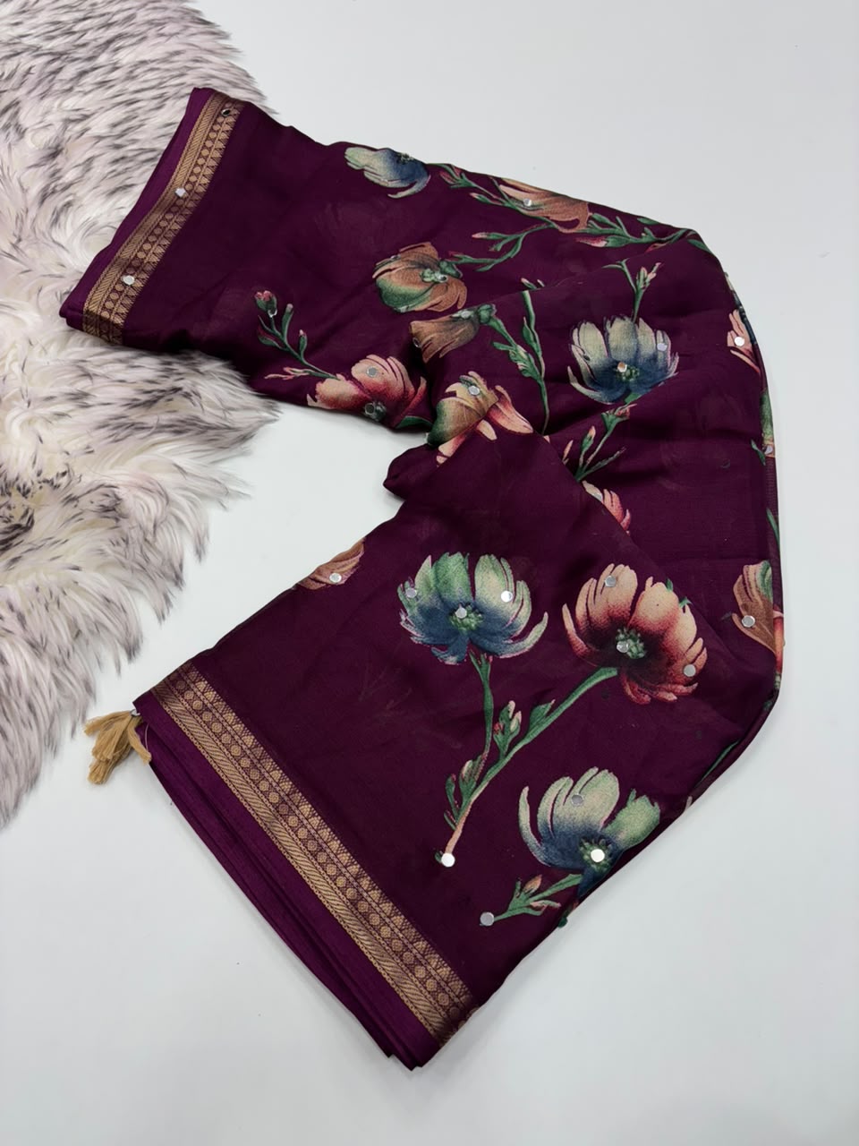 Gratifying Function Wear Soft Georgette Print Design Rich Pallu n Mirror Work Fancy Saree With Blouse Piece