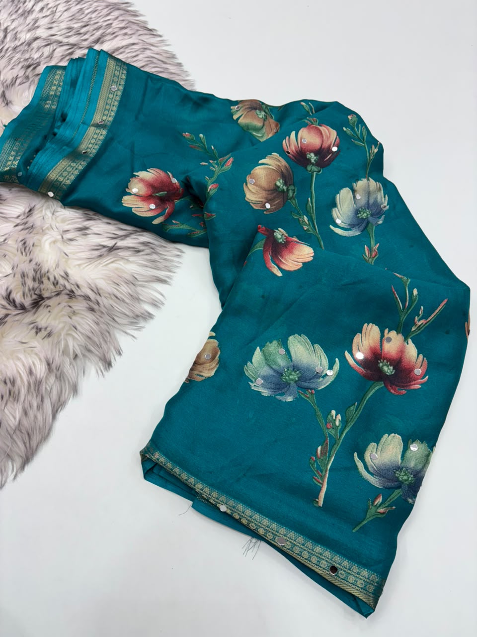Gratifying Function Wear Soft Georgette Print Design Rich Pallu n Mirror Work Fancy Saree With Blouse Piece