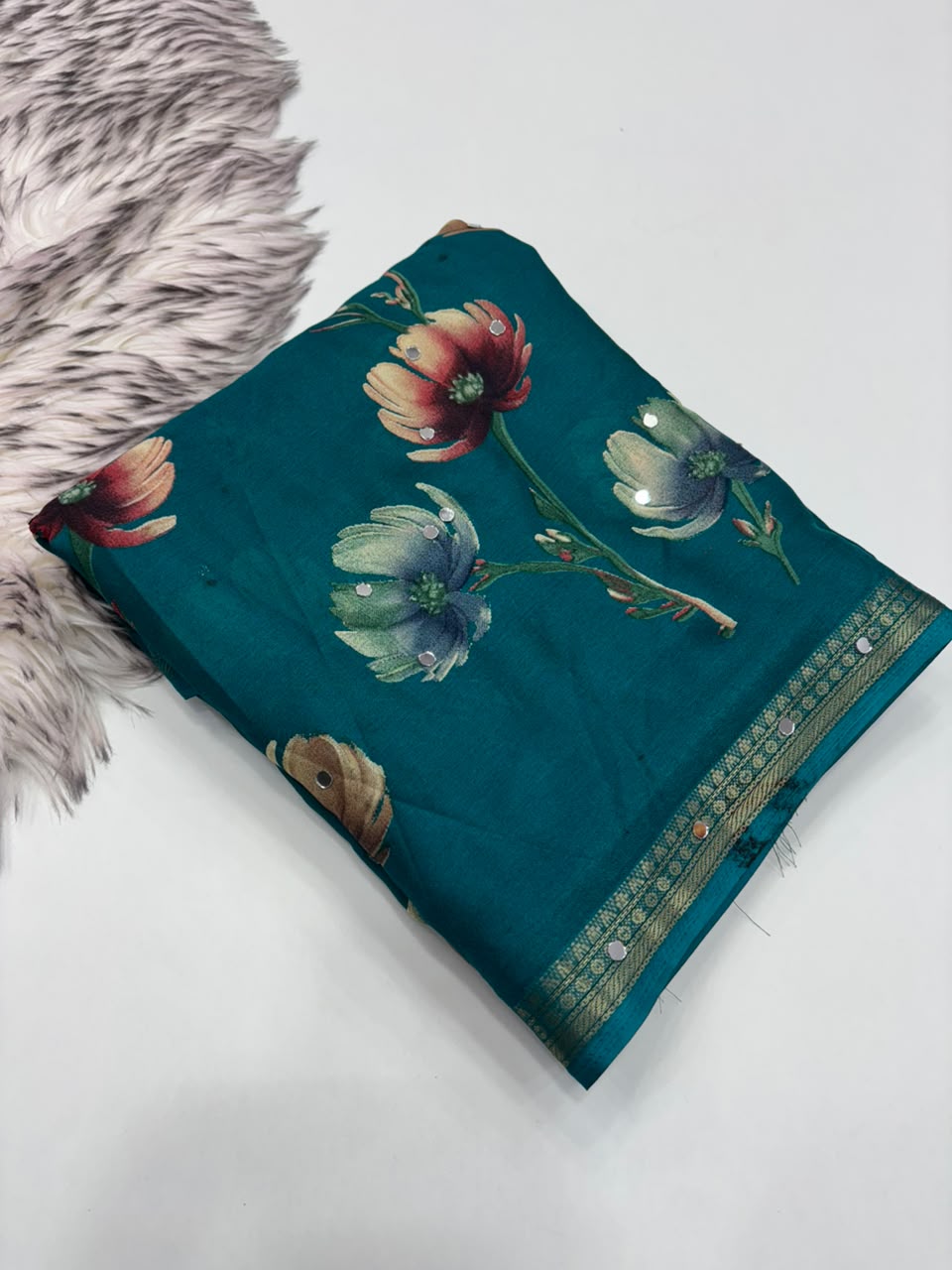 Gratifying Function Wear Soft Georgette Print Design Rich Pallu n Mirror Work Fancy Saree With Blouse Piece