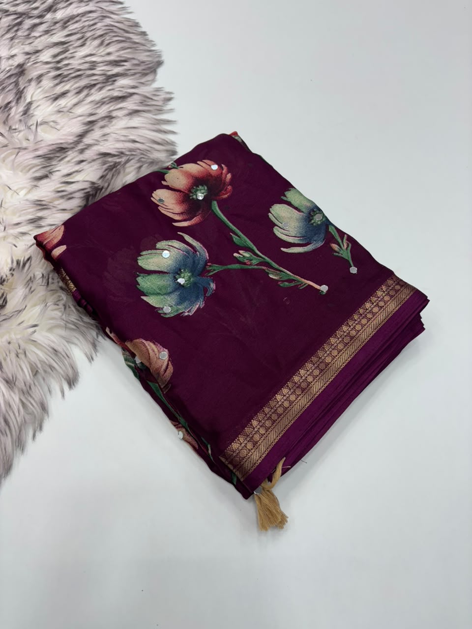 Gratifying Function Wear Soft Georgette Print Design Rich Pallu n Mirror Work Fancy Saree With Blouse Piece
