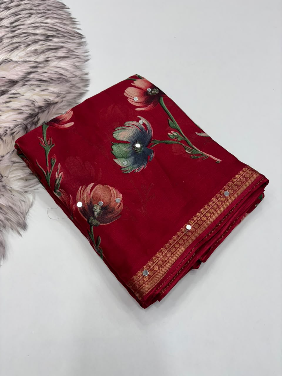 Gratifying Function Wear Soft Georgette Print Design Rich Pallu n Mirror Work Fancy Saree With Blouse Piece
