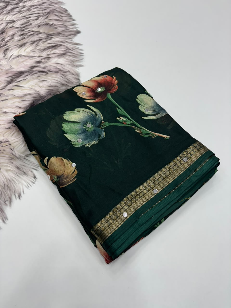Gratifying Function Wear Soft Georgette Print Design Rich Pallu n Mirror Work Fancy Saree With Blouse Piece
