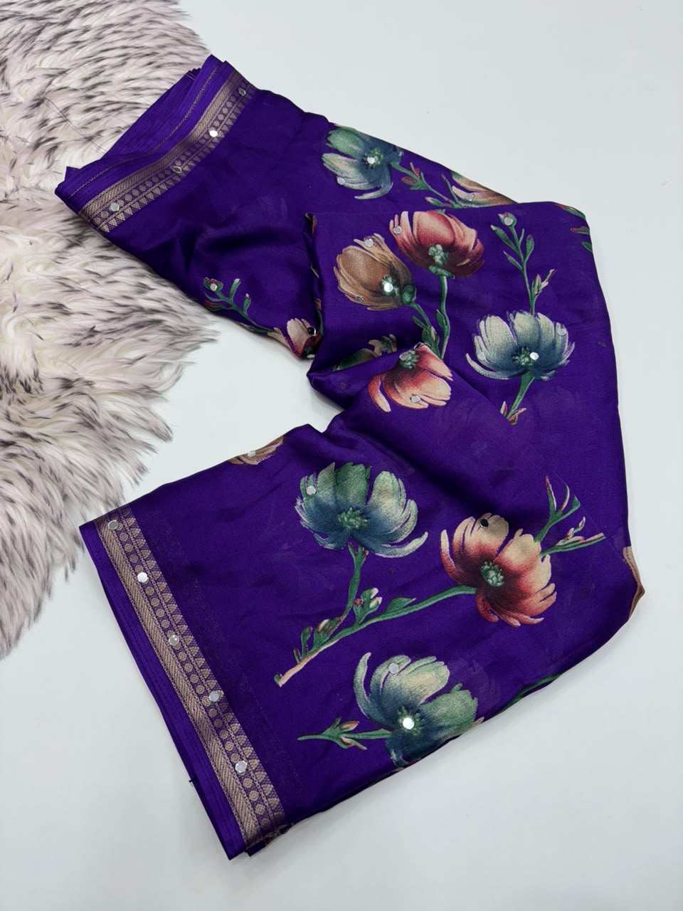 Gratifying Function Wear Soft Georgette Print Design Rich Pallu n Mirror Work Fancy Saree With Blouse Piece