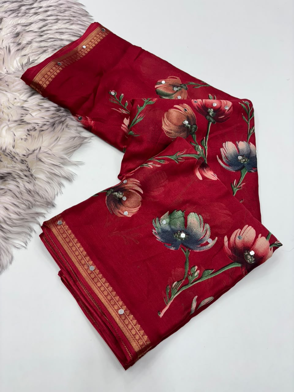 Gratifying Function Wear Soft Georgette Print Design Rich Pallu n Mirror Work Fancy Saree With Blouse Piece