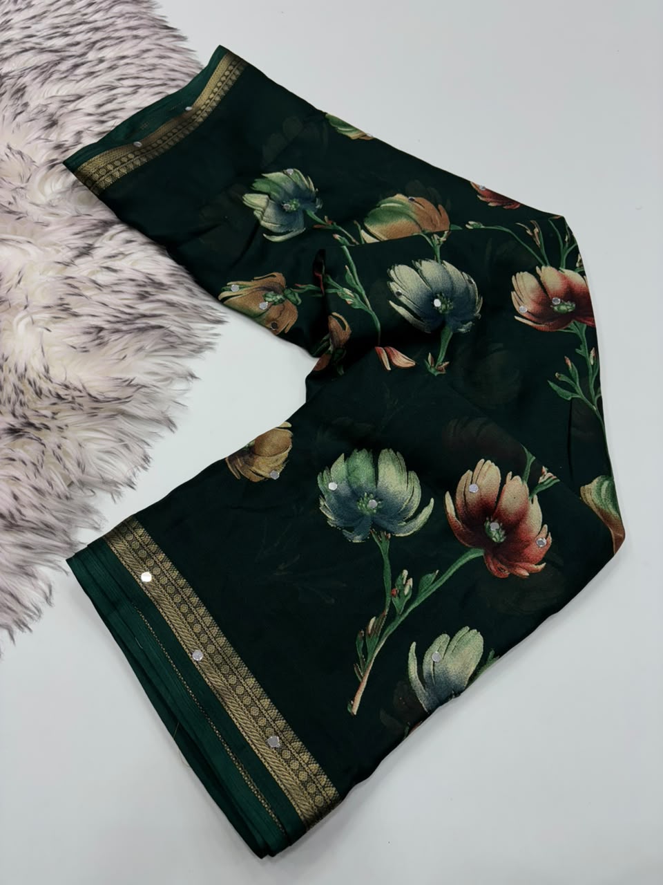 Gratifying Function Wear Soft Georgette Print Design Rich Pallu n Mirror Work Fancy Saree With Blouse Piece