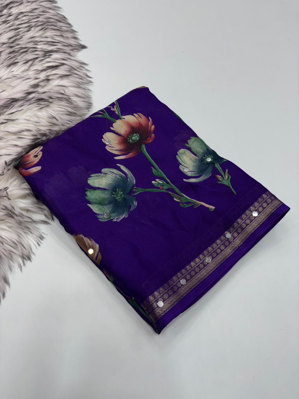 Gratifying Function Wear Soft Georgette Print Design Rich Pallu n Mirror Work Fancy Saree With Blouse Piece