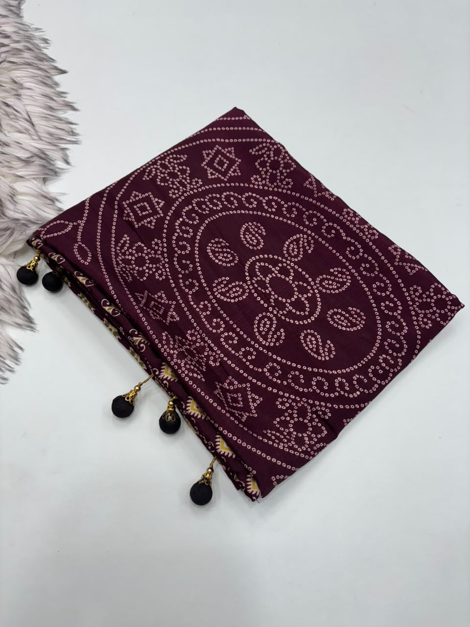 Captivating Function Wear Satin Silk Ajrak Printed Rich Pallu n Tussels Work Fancy Saree With Blouse Piece