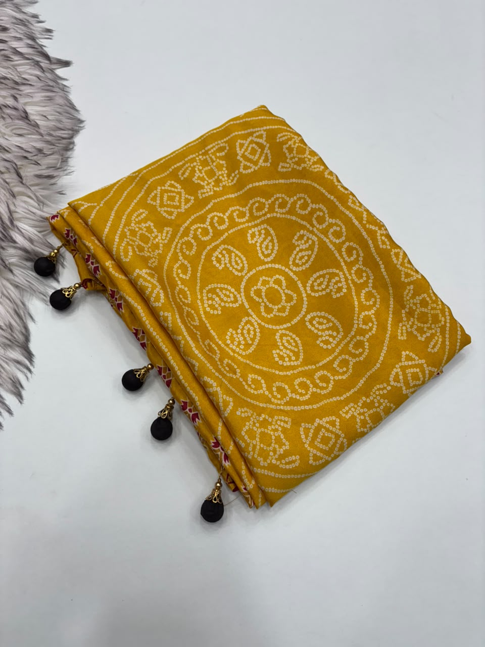 Captivating Function Wear Satin Silk Ajrak Printed Rich Pallu n Tussels Work Fancy Saree With Blouse Piece