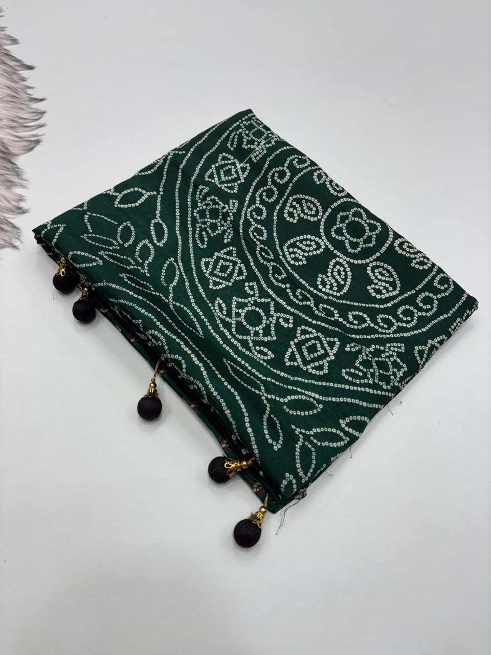 Captivating Function Wear Satin Silk Ajrak Printed Rich Pallu n Tussels Work Fancy Saree With Blouse Piece