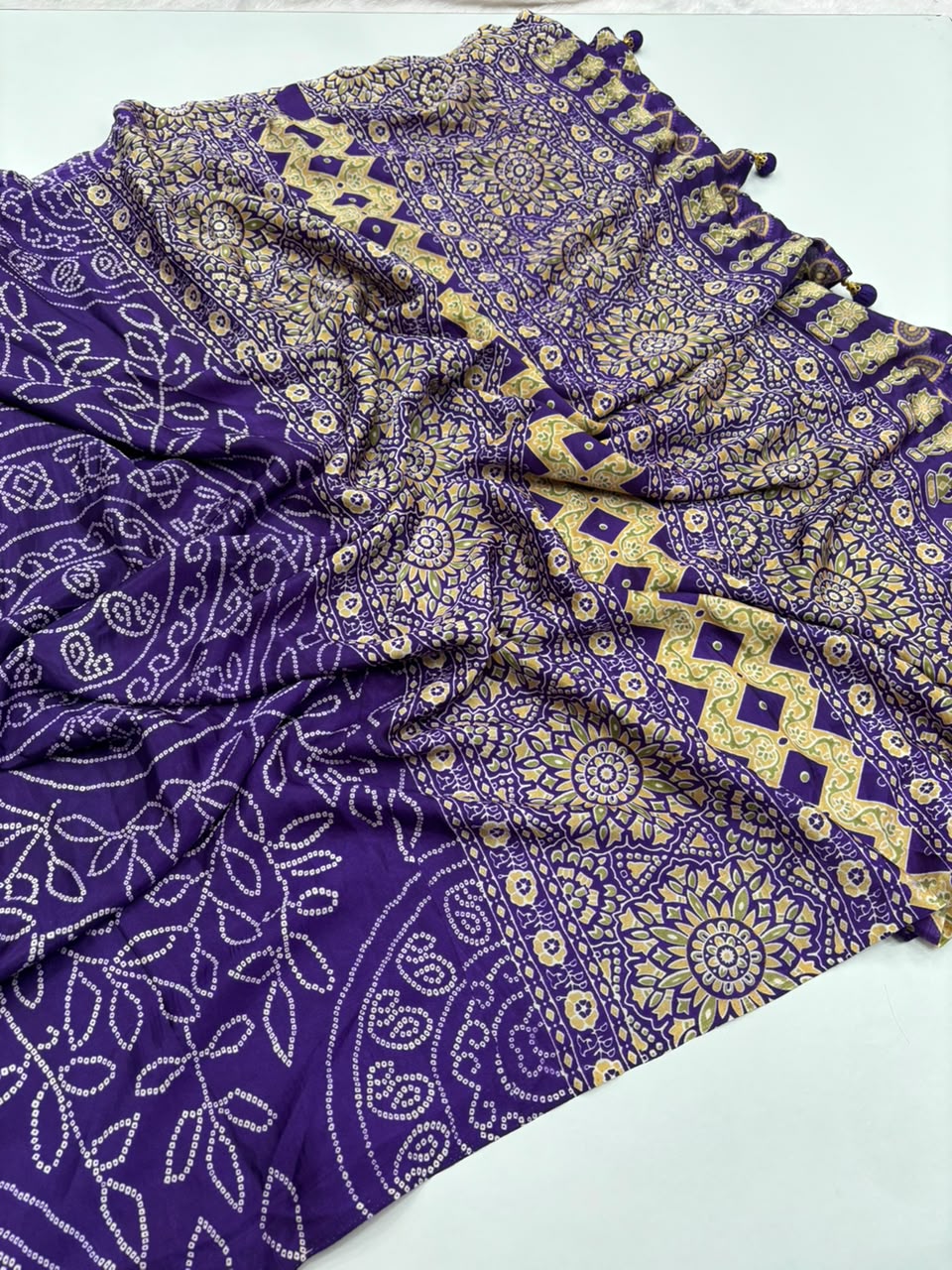 Captivating Function Wear Satin Silk Ajrak Printed Rich Pallu n Tussels Work Fancy Saree With Blouse Piece