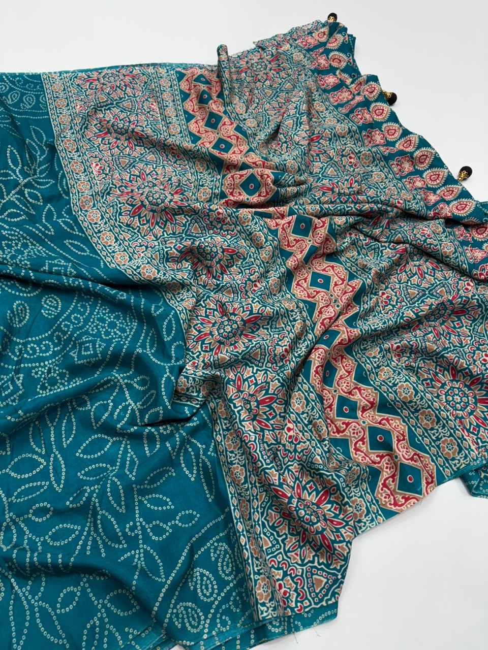 Captivating Function Wear Satin Silk Ajrak Printed Rich Pallu n Tussels Work Fancy Saree With Blouse Piece