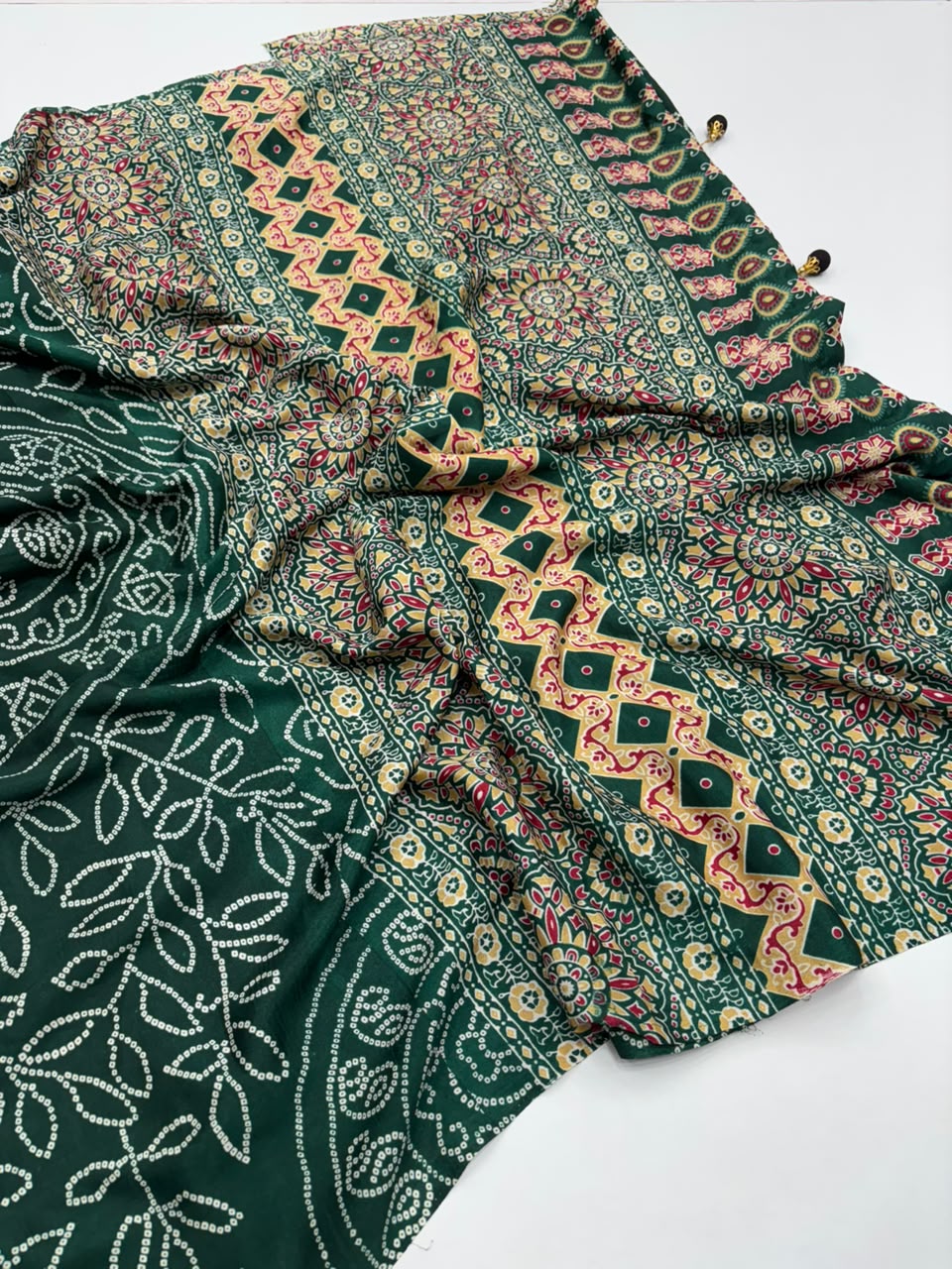 Captivating Function Wear Satin Silk Ajrak Printed Rich Pallu n Tussels Work Fancy Saree With Blouse Piece
