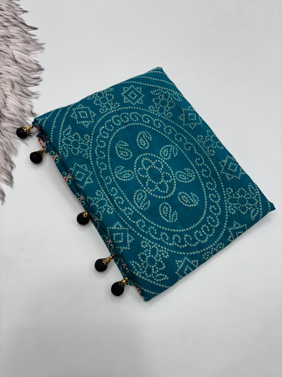 Captivating Function Wear Satin Silk Ajrak Printed Rich Pallu n Tussels Work Fancy Saree With Blouse Piece