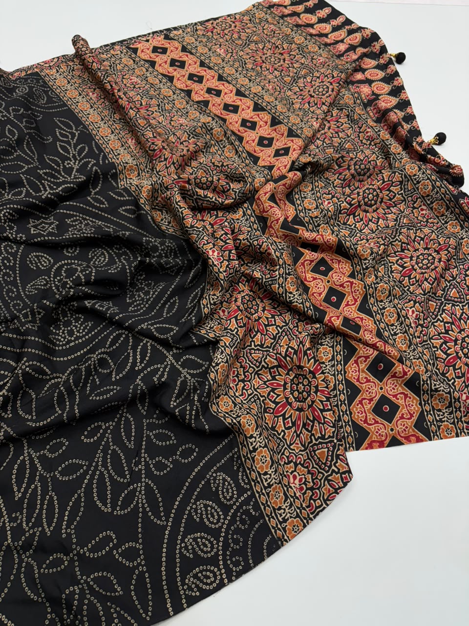 Captivating Function Wear Satin Silk Ajrak Printed Rich Pallu n Tussels Work Fancy Saree With Blouse Piece