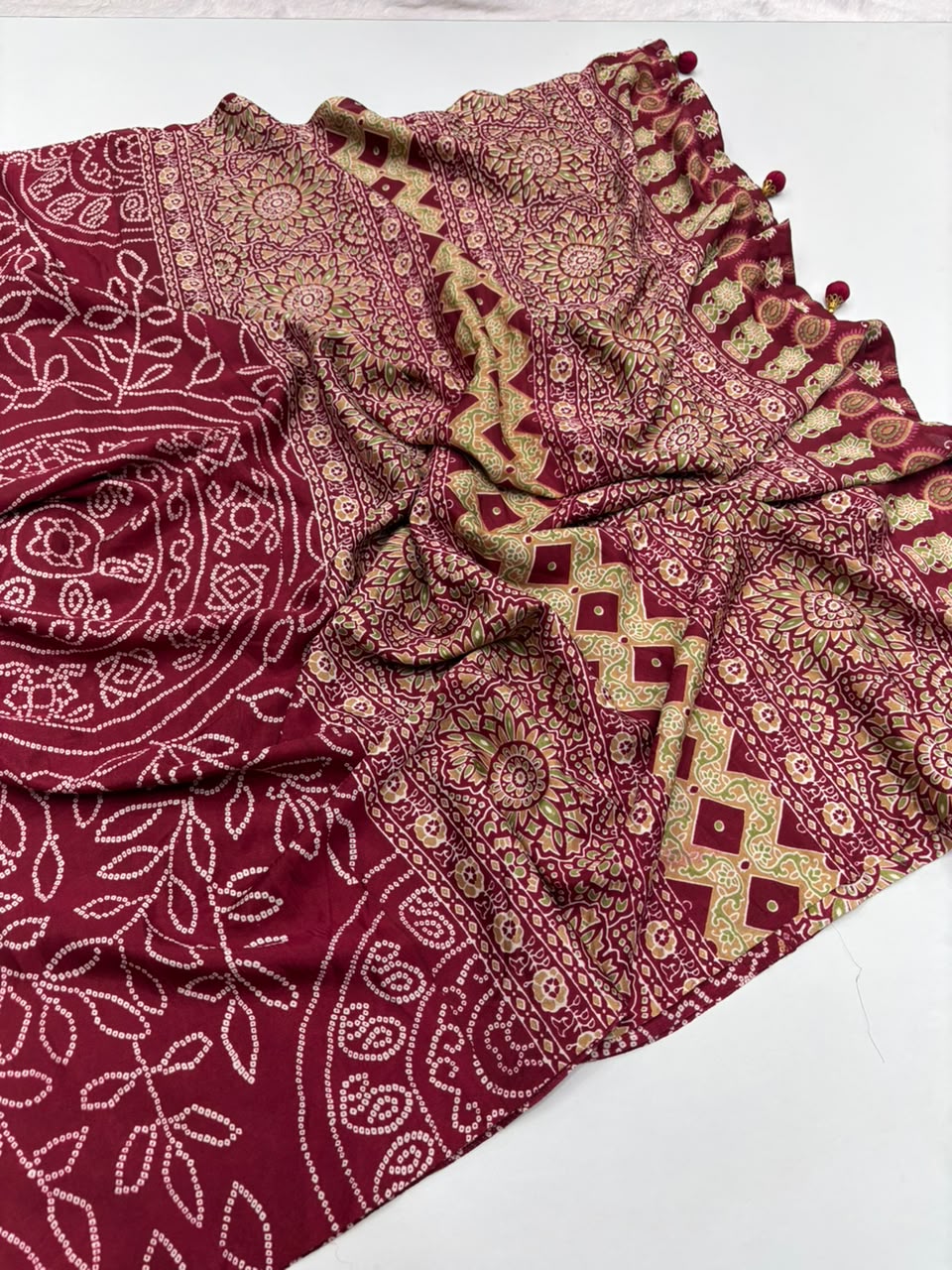 Captivating Function Wear Satin Silk Ajrak Printed Rich Pallu n Tussels Work Fancy Saree With Blouse Piece