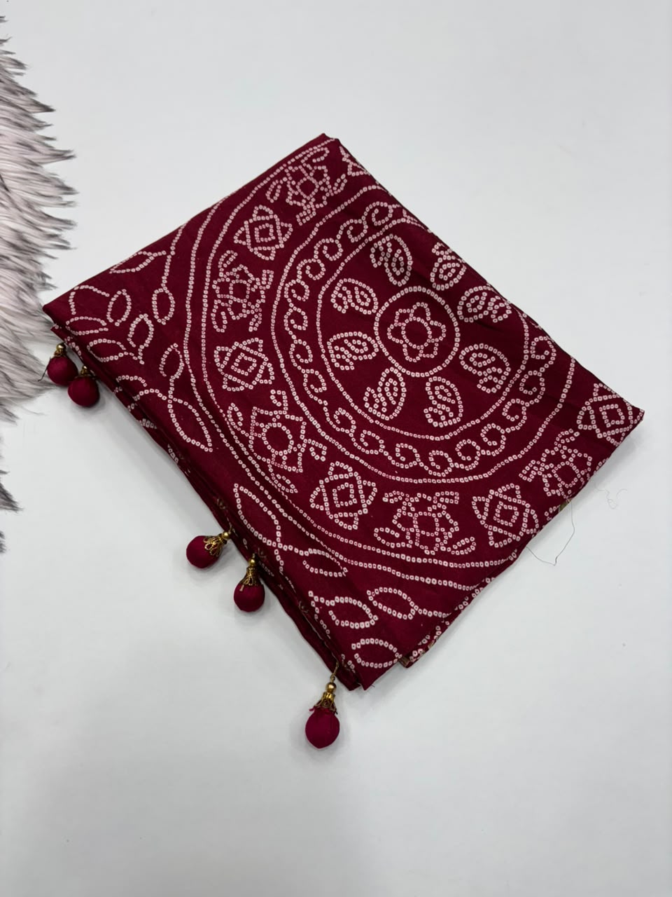 Captivating Function Wear Satin Silk Ajrak Printed Rich Pallu n Tussels Work Fancy Saree With Blouse Piece