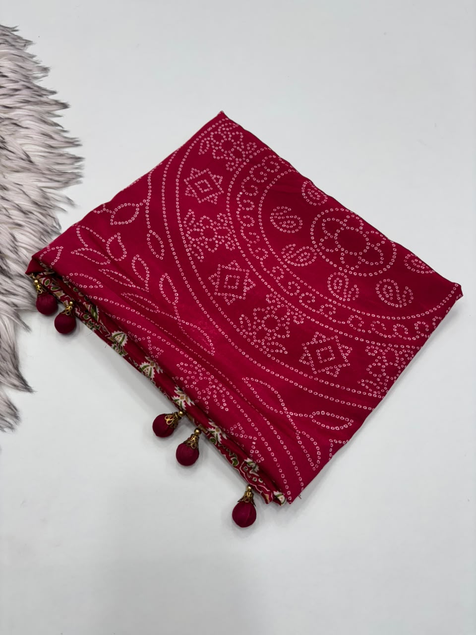 Captivating Function Wear Satin Silk Ajrak Printed Rich Pallu n Tussels Work Fancy Saree With Blouse Piece