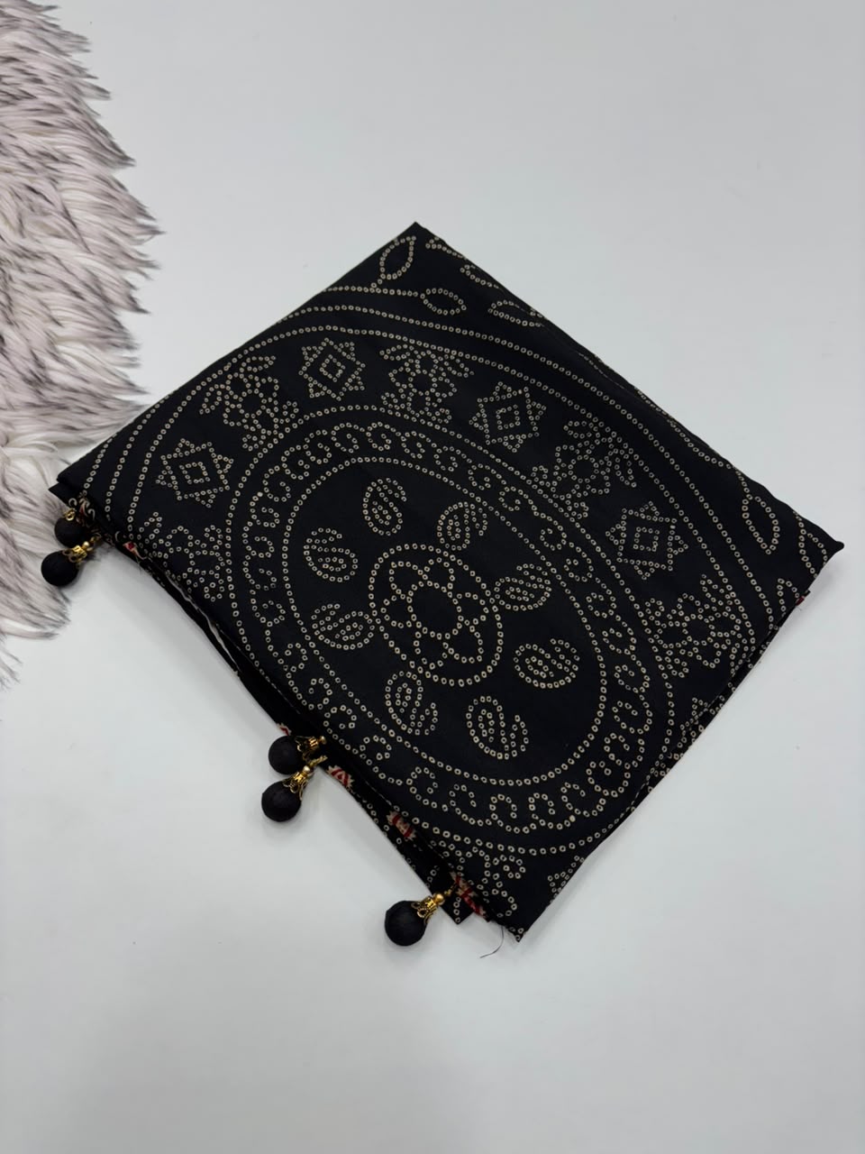 Captivating Function Wear Satin Silk Ajrak Printed Rich Pallu n Tussels Work Fancy Saree With Blouse Piece