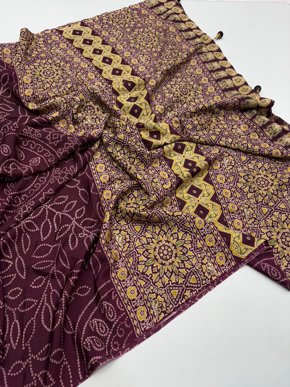 Captivating Function Wear Satin Silk Ajrak Printed Rich Pallu n Tussels Work Fancy Saree With Blouse Piece