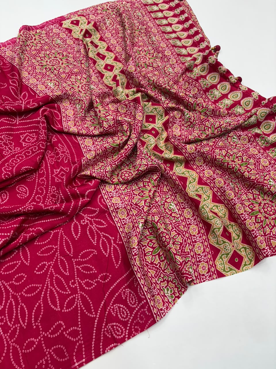 Captivating Function Wear Satin Silk Ajrak Printed Rich Pallu n Tussels Work Fancy Saree With Blouse Piece