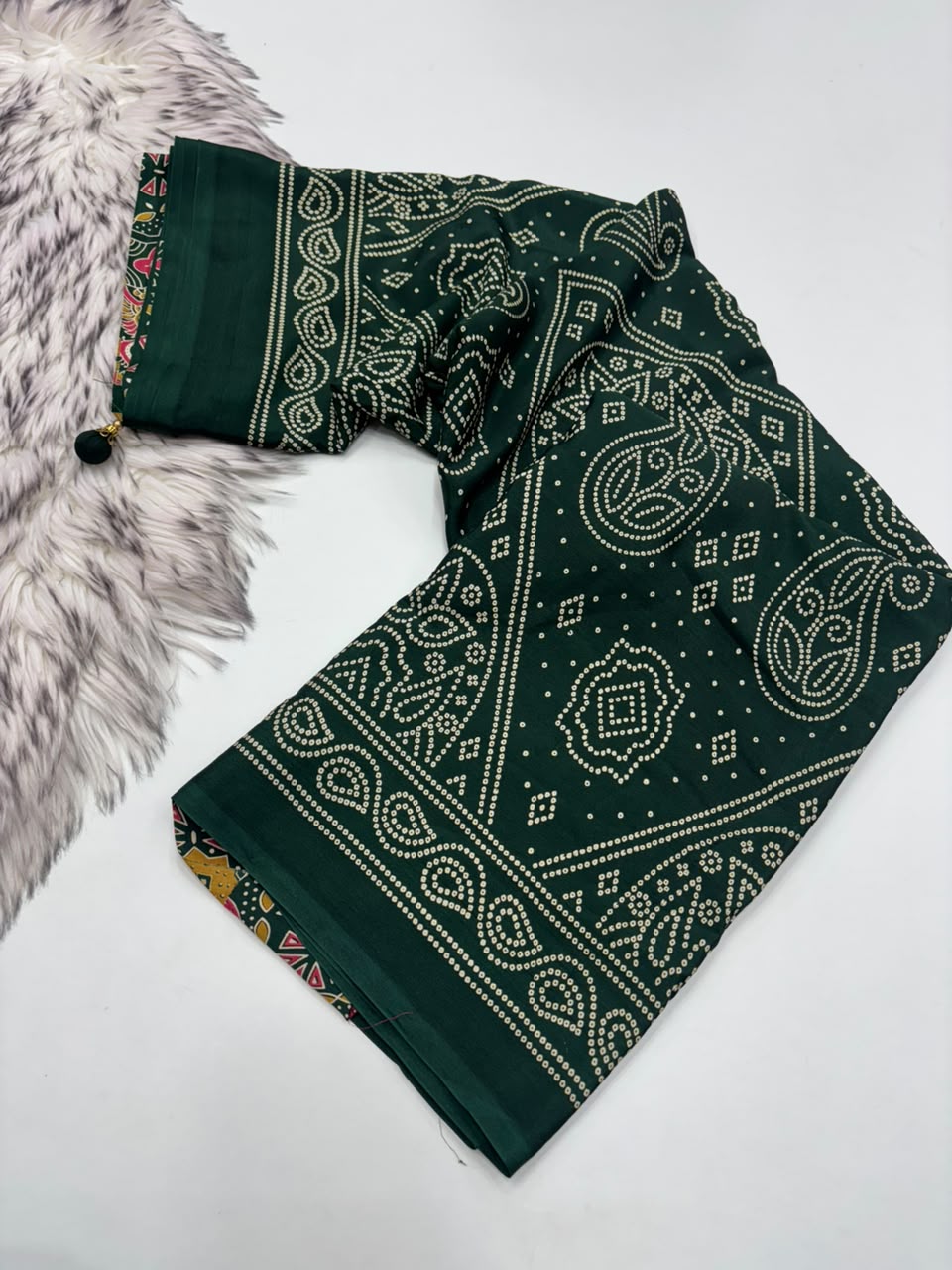 Traditional Party Wear Satin Silk Ajrak Printed Rich Pallu n Tussels Work Fancy Saree With Blouse Piece