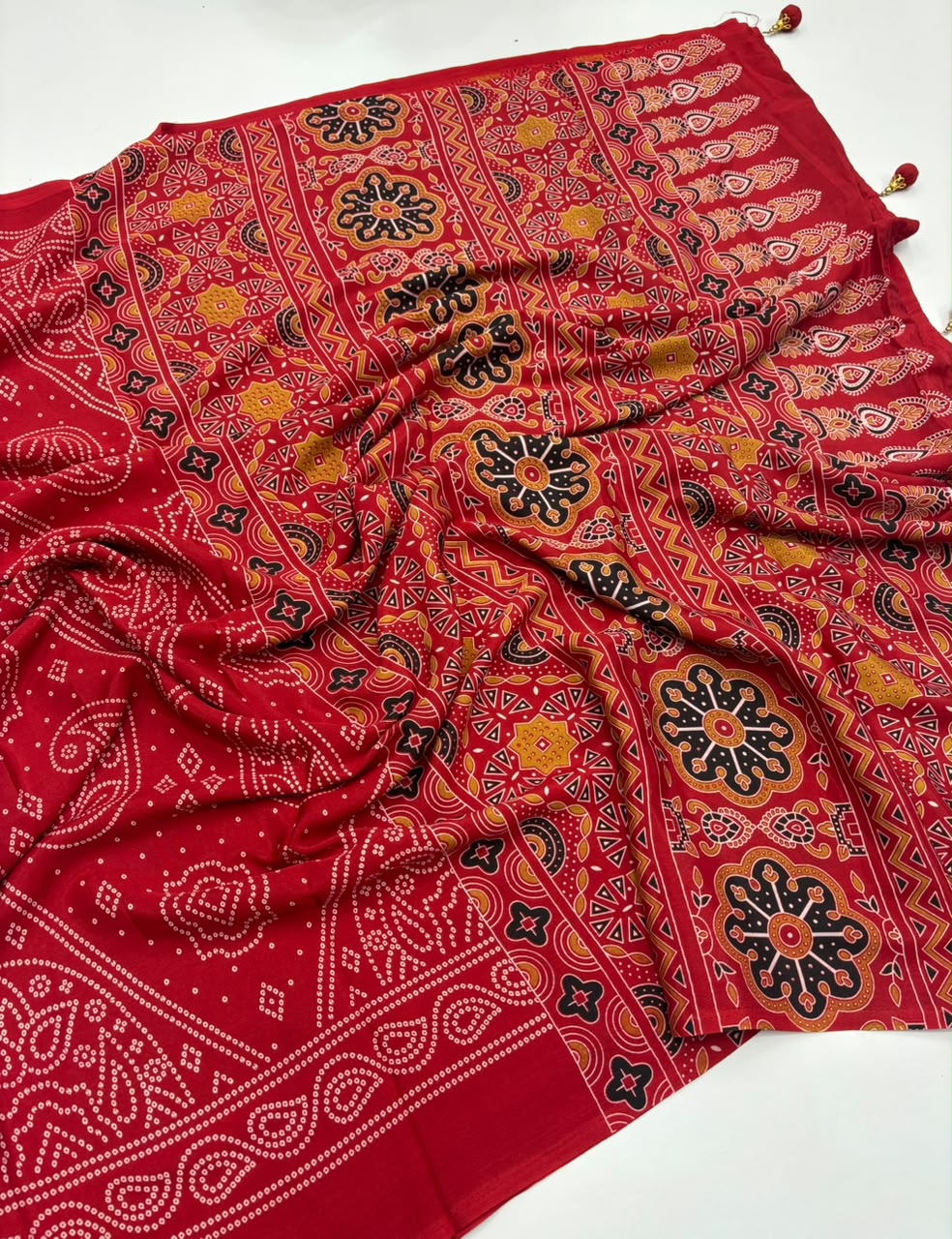 Traditional Party Wear Satin Silk Ajrak Printed Rich Pallu n Tussels Work Fancy Saree With Blouse Piece