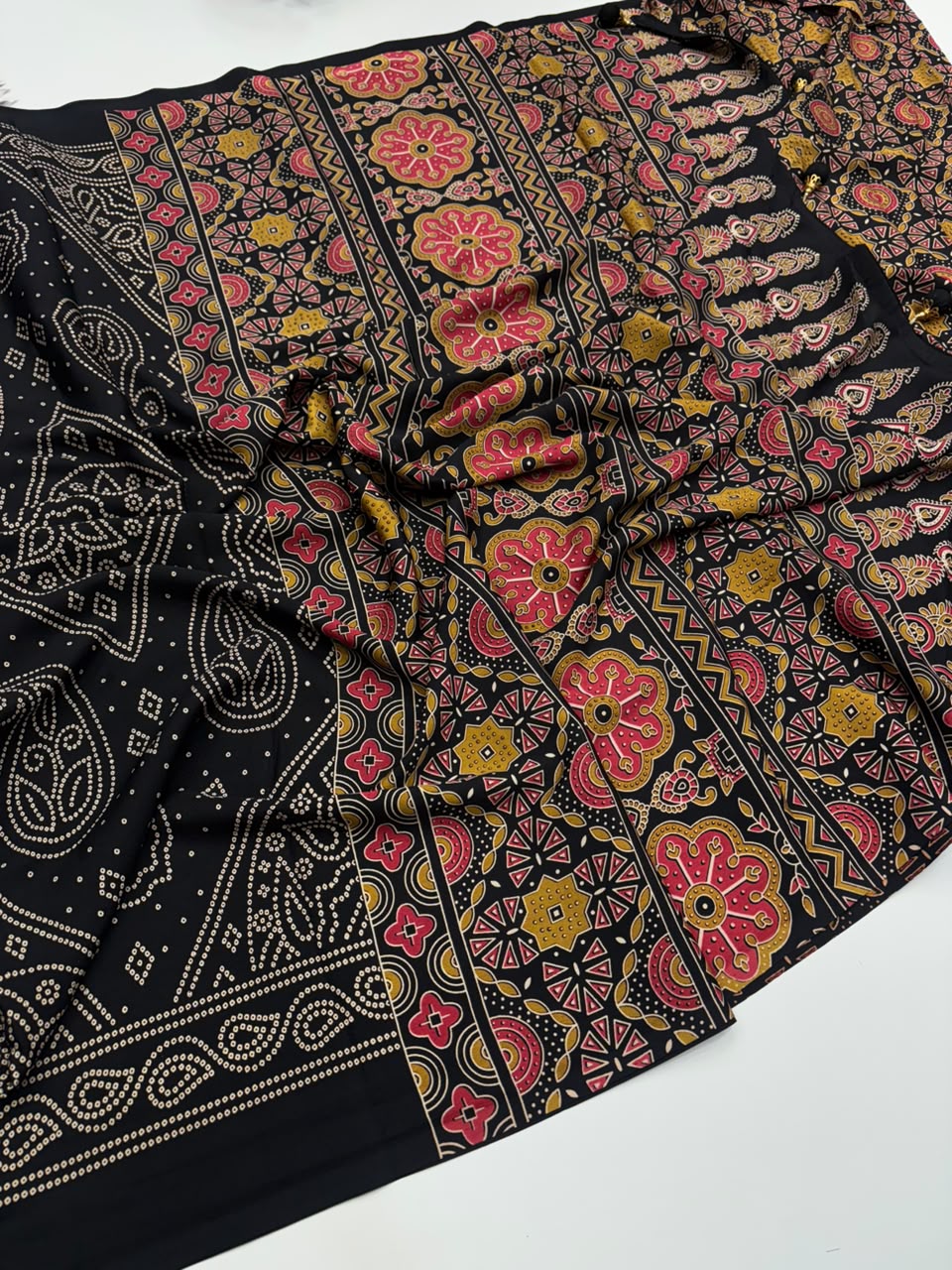 Traditional Party Wear Satin Silk Ajrak Printed Rich Pallu n Tussels Work Fancy Saree With Blouse Piece
