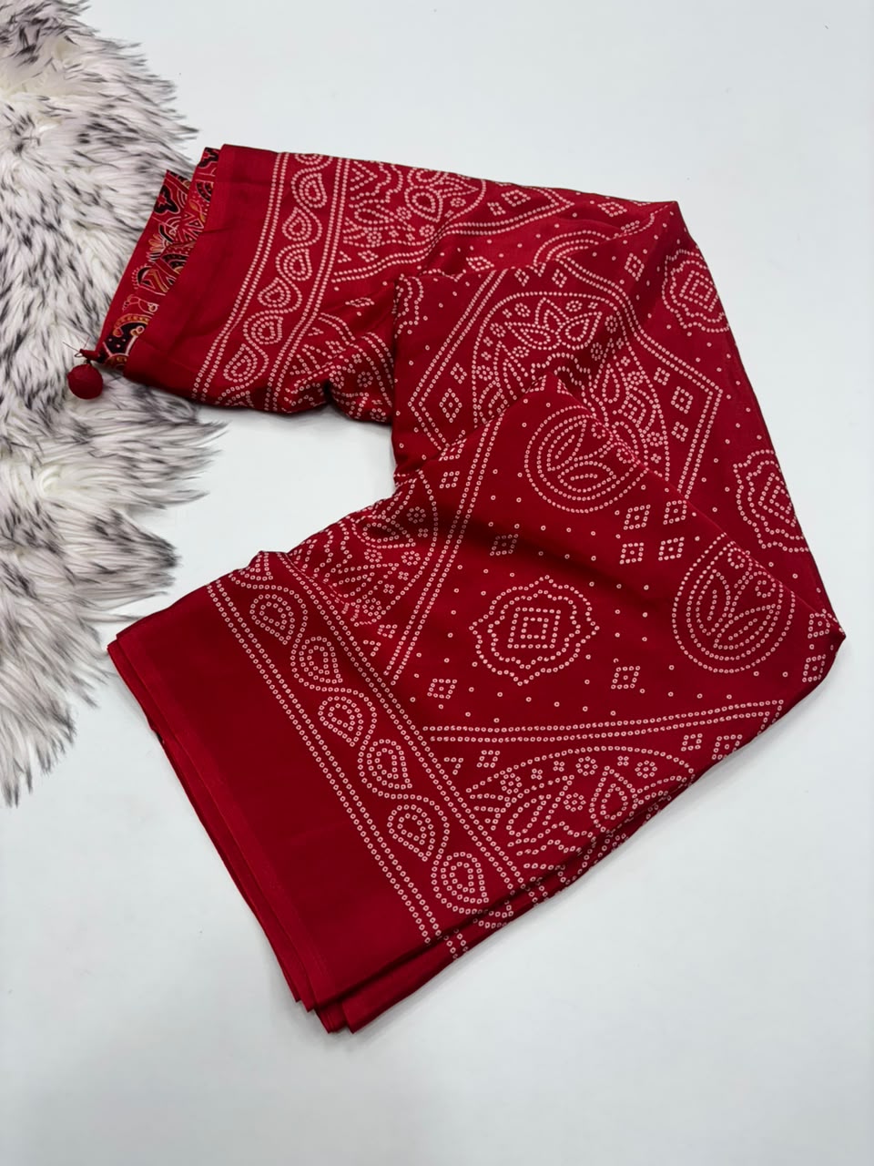 Traditional Party Wear Satin Silk Ajrak Printed Rich Pallu n Tussels Work Fancy Saree With Blouse Piece