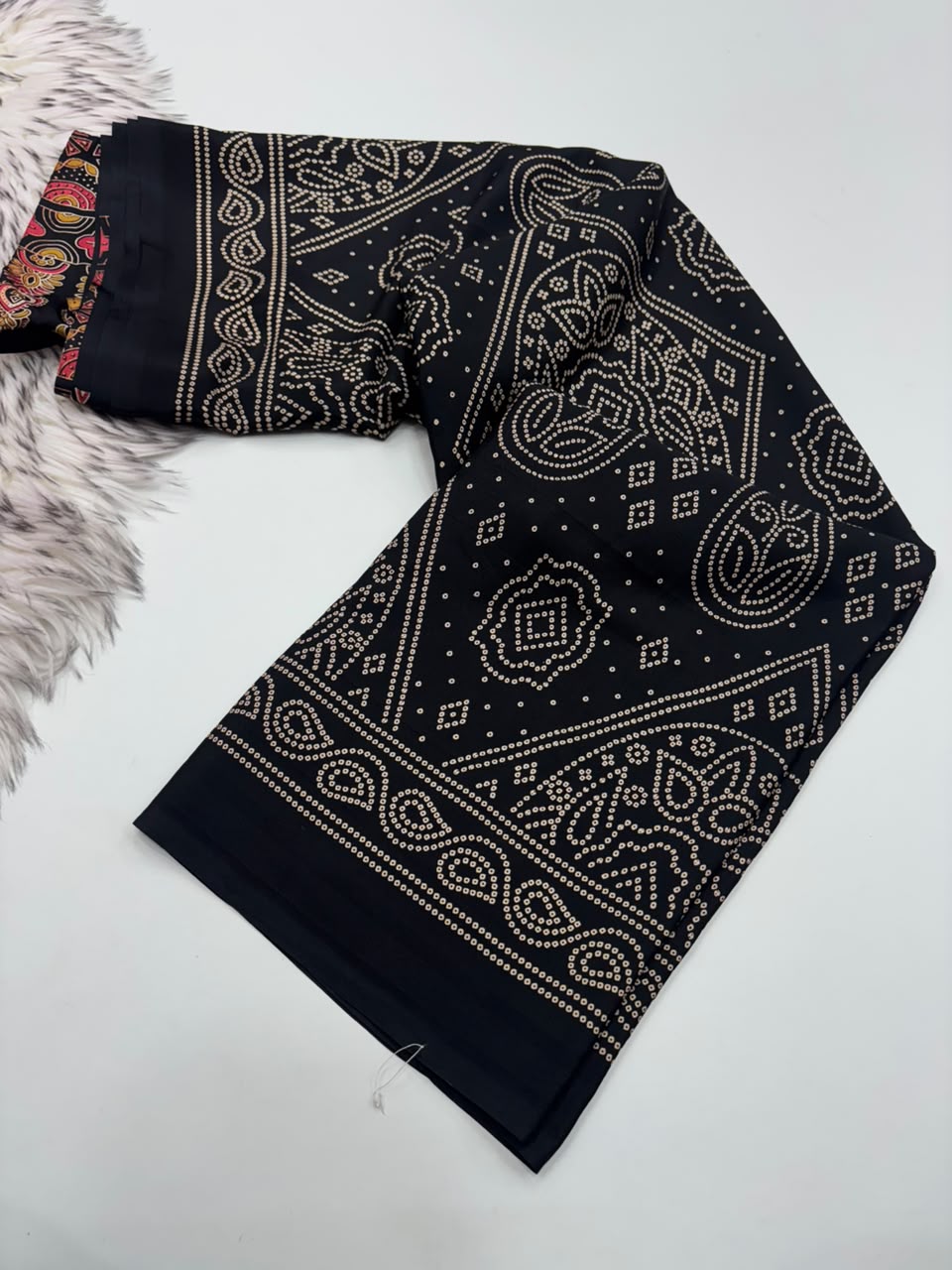 Traditional Party Wear Satin Silk Ajrak Printed Rich Pallu n Tussels Work Fancy Saree With Blouse Piece
