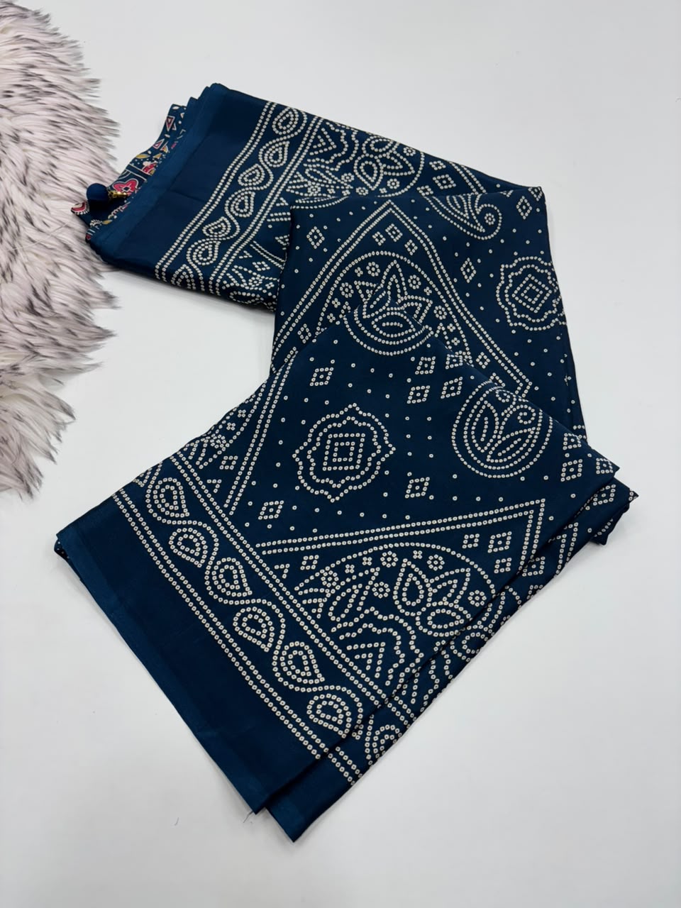 Traditional Party Wear Satin Silk Ajrak Printed Rich Pallu n Tussels Work Fancy Saree With Blouse Piece