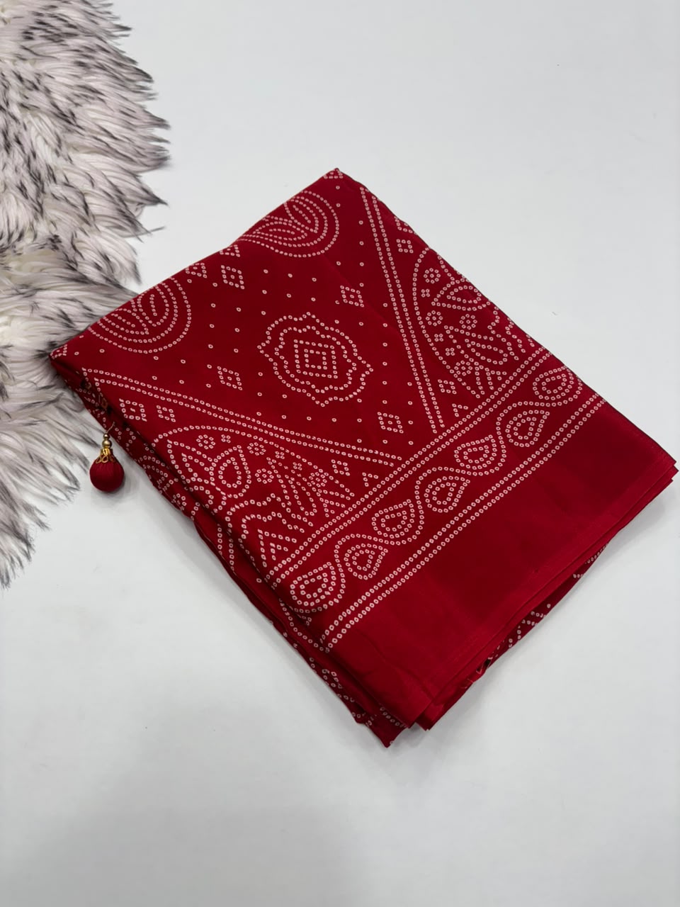 Traditional Party Wear Satin Silk Ajrak Printed Rich Pallu n Tussels Work Fancy Saree With Blouse Piece
