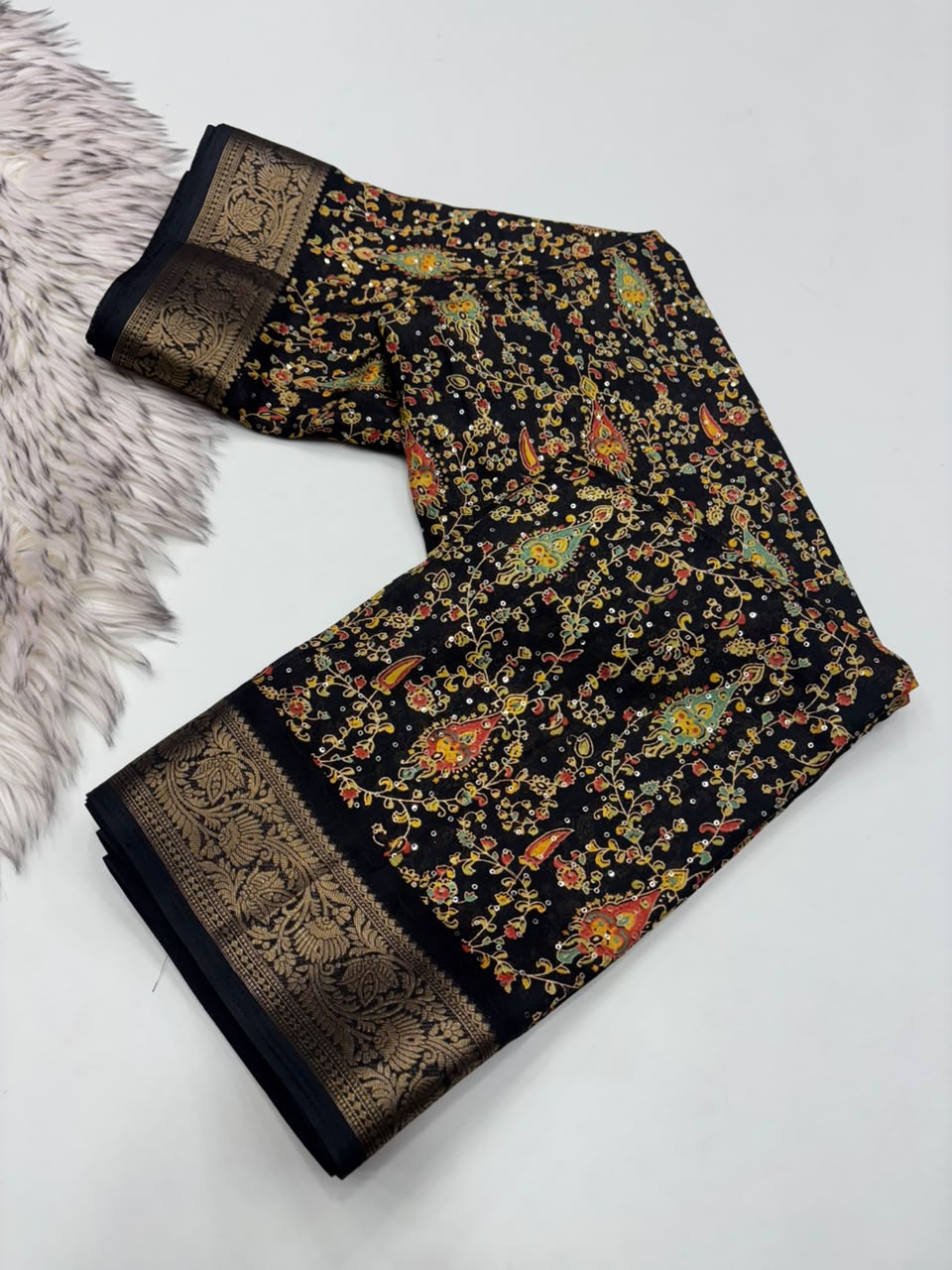 Scrupulous Party Wear Soft Dola Silk Print Design Sequence Work Jacquard Border Fancy Saree With Blouse Piece