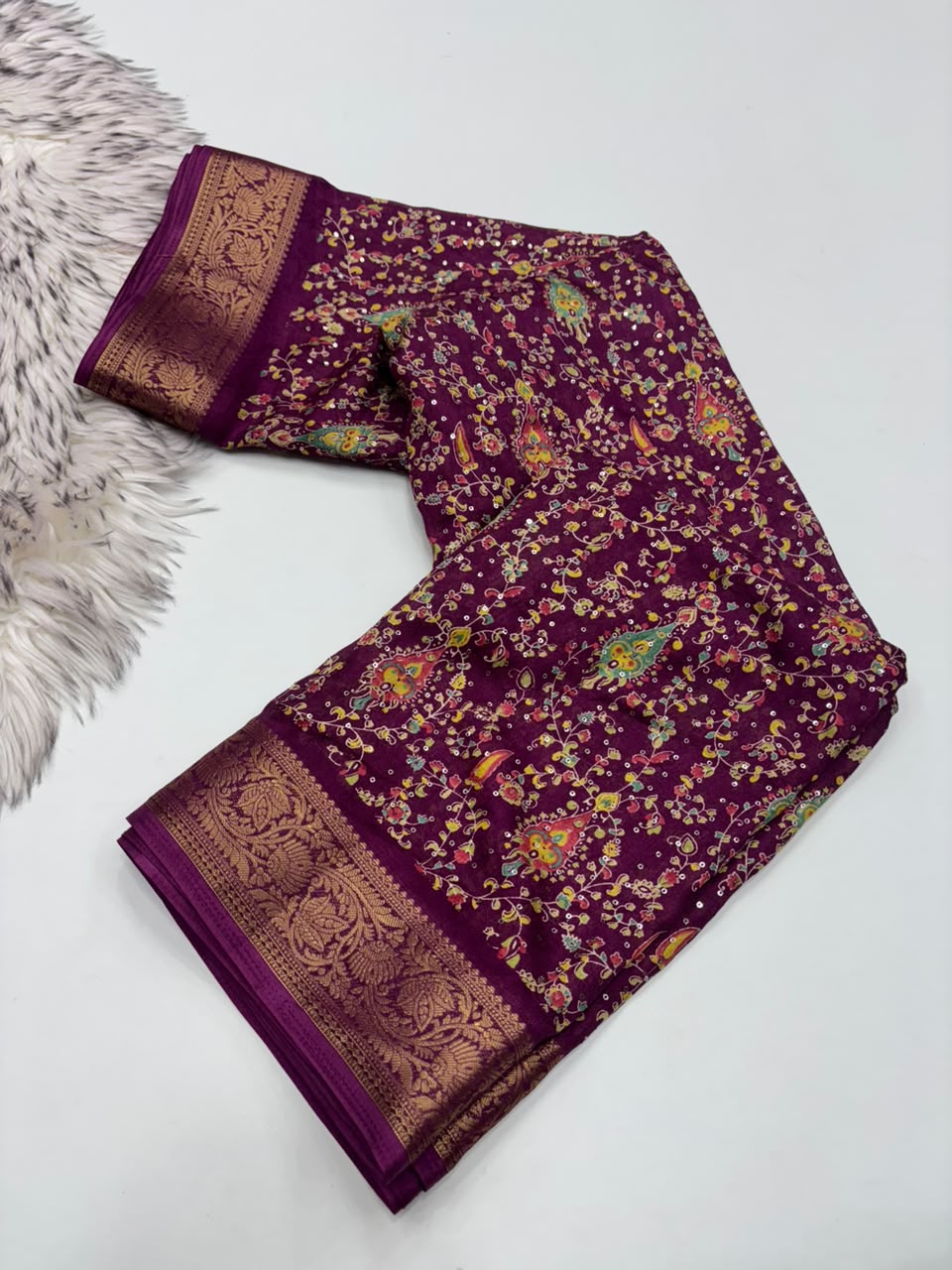 Scrupulous Party Wear Soft Dola Silk Print Design Sequence Work Jacquard Border Fancy Saree With Blouse Piece