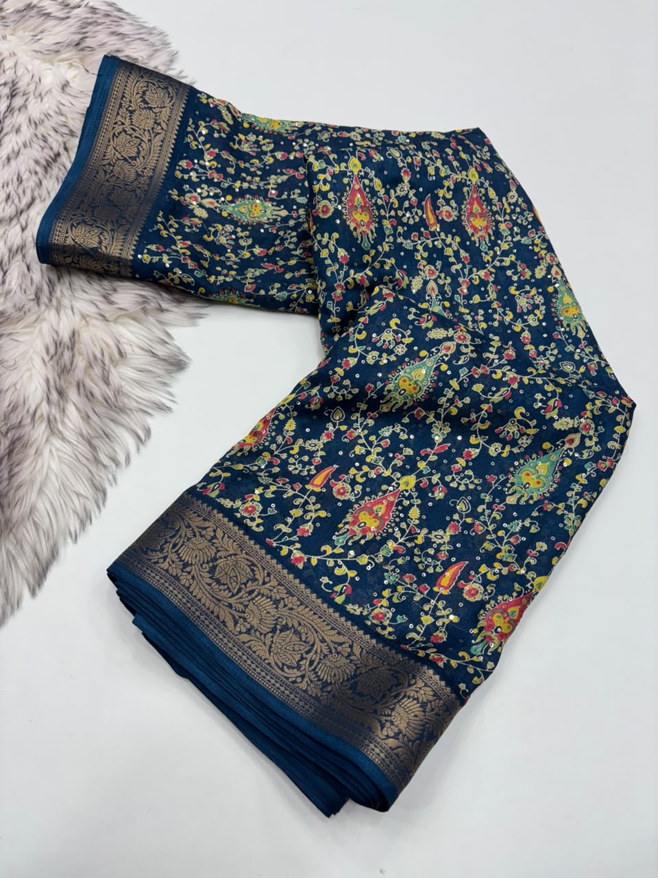 Scrupulous Party Wear Soft Dola Silk Print Design Sequence Work Jacquard Border Fancy Saree With Blouse Piece