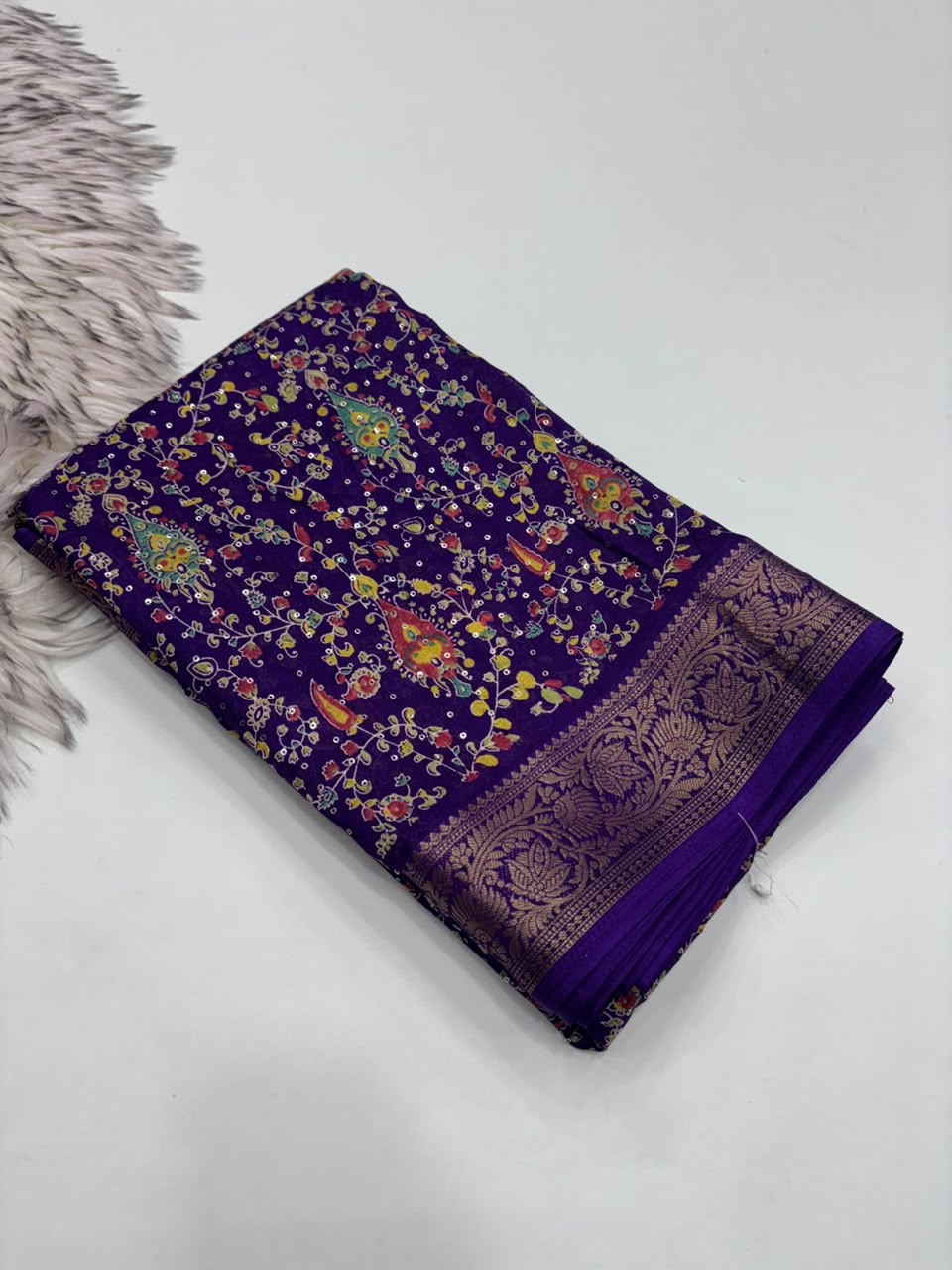 Scrupulous Party Wear Soft Dola Silk Print Design Sequence Work Jacquard Border Fancy Saree With Blouse Piece