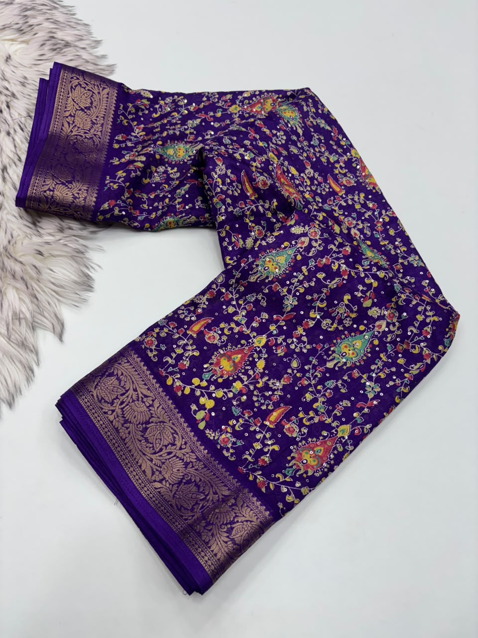 Scrupulous Party Wear Soft Dola Silk Print Design Sequence Work Jacquard Border Fancy Saree With Blouse Piece