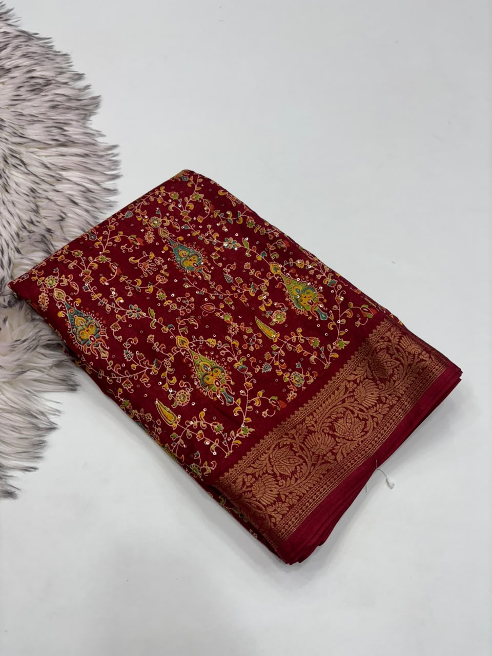 Scrupulous Party Wear Soft Dola Silk Print Design Sequence Work Jacquard Border Fancy Saree With Blouse Piece